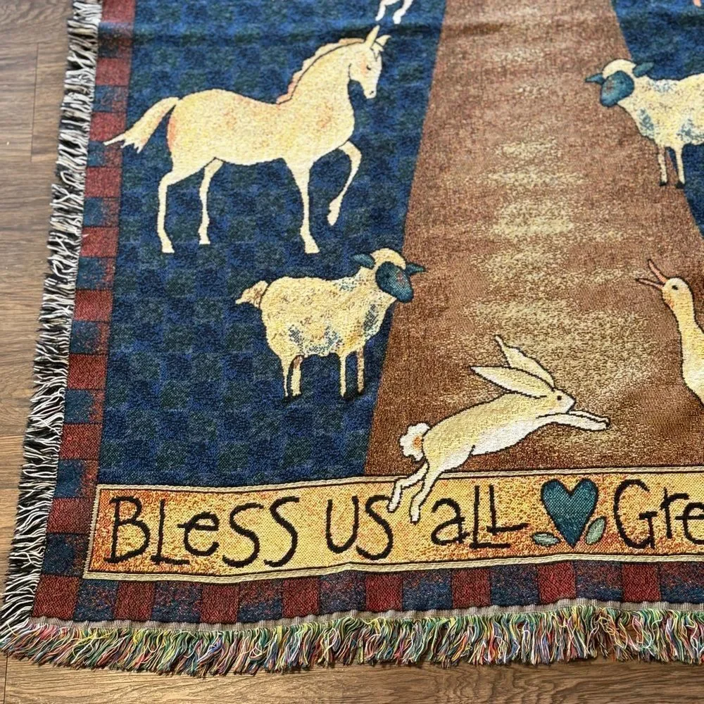 Vintage The Rug Barn Beth Yarbrough Woven Tapestry Blanket Bless Us All